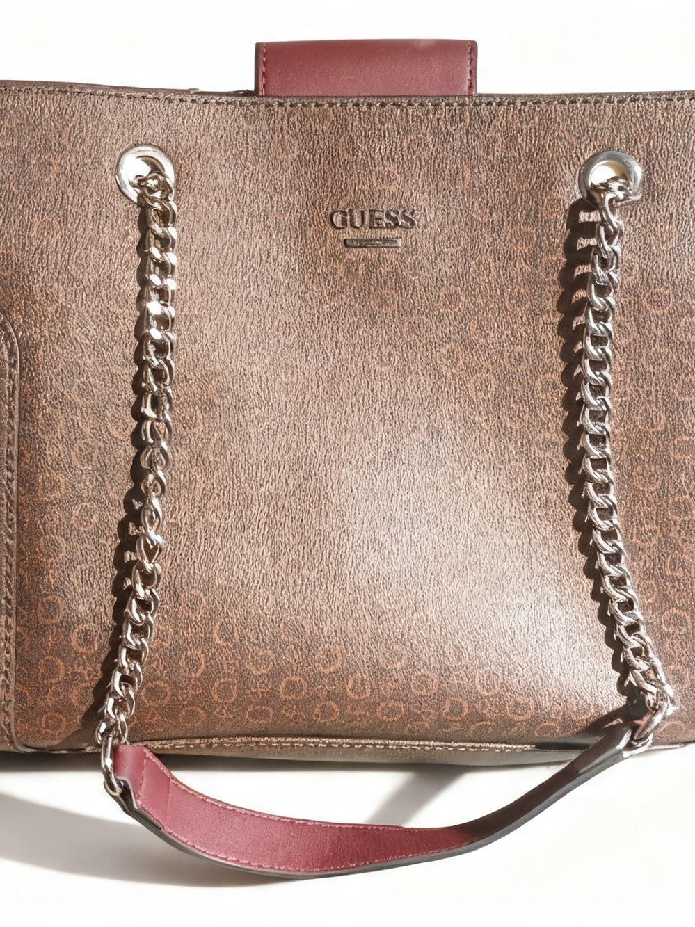 Guess Brown Monogram Tote with Burgundy Trim
